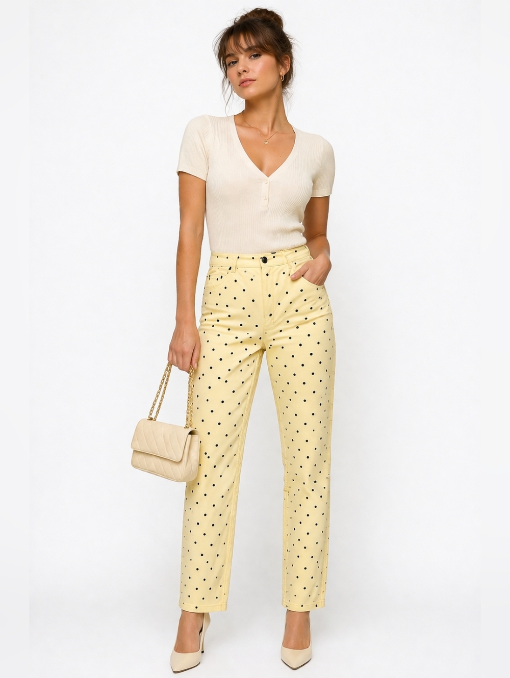 NWT DG2 by Diane Gilman Yellow Polka Dot Denim Straight Leg Pants - Size 10